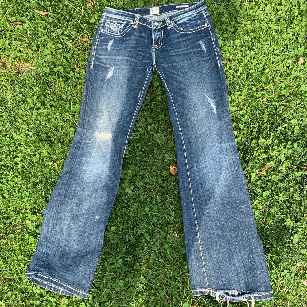 Anoname boot cut dark wash distressed jeans